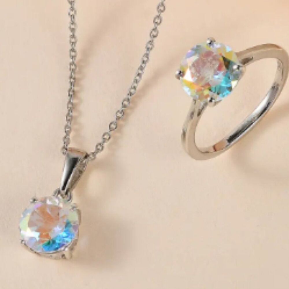 Mercury Mystic Topaz Solitaire Ring and Pendant Necklace